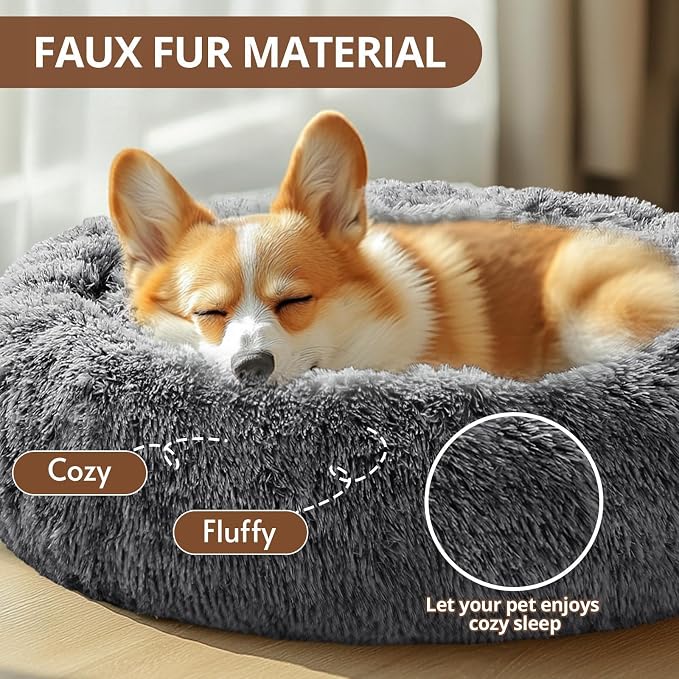 JOLLYVOGUE Calming Dog Bed Medium Size Dog, 31in Donut Washable Medium Pet Bed, Anti-Slip & Anti-Anxiety Fluffy Faux Fur Round Dogs Bed, Fits up to 45 lbs Pets (Smoke Black)