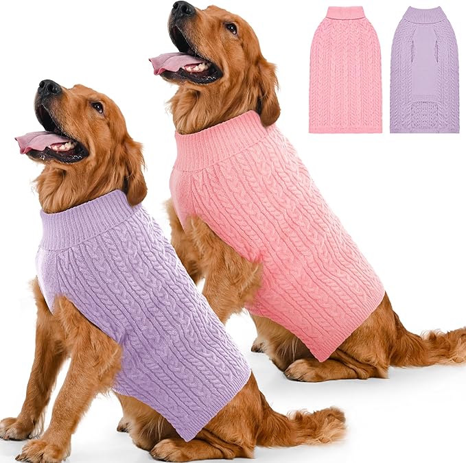 Dog Sweater 2 Pack for Large Dogs, Size XL, Pink & Purple | Stretchy cable knit turtleneck, machine washable, high belly cut, comfy winter fit for English Bulldog, Boxer