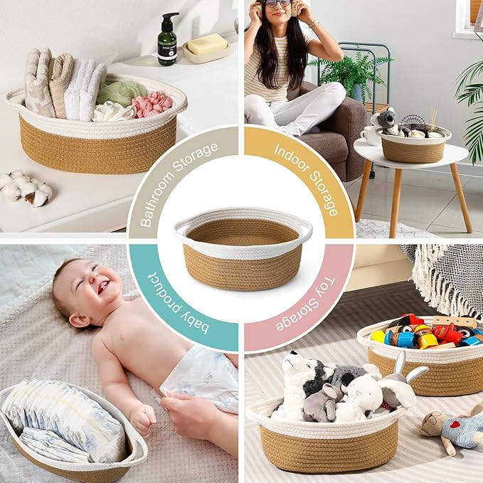 2 Pack Small Woven Basket with Gift Bags and Ribbons, Empty Decorative Gift Chest Box, Cute Baby Gift Basket for Nursery, Cotton Rope Room Shelf Storage Basket wi Handles, All 12"x 8"x 5",Yellow