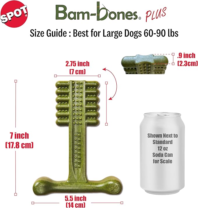 SPOT Bam-Bones Plus Toothbrush Dog Chew Toy for Large Dogs 60-90 lbs, Bamboo & Nylon Dental Chew with Mint & Baking Soda, T-Bone Shape for Moderate to Heavy Chewers, 7 Inch