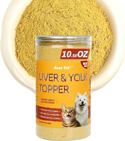 Just Try 10.58 OZ Chicken Liver & Egg Yolk Sprinkles Dog and Cat Food Toppers Mixers with Freeze Dried Egg Yolk, High Protein & Iron Support