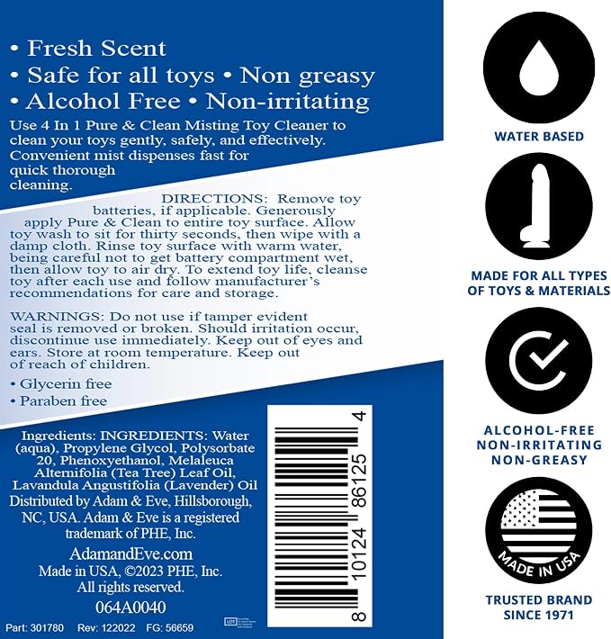 Adam & Eve Sex Toy Cleaner, 4 In 1 Pure And Clean Misting Spray, Fast Acting Misting Spray For Adult Toys, Vibrators, Dildos, Fresh Scent, Water Based Formula Perfect for Gifting, 4 oz (Pack of 2)