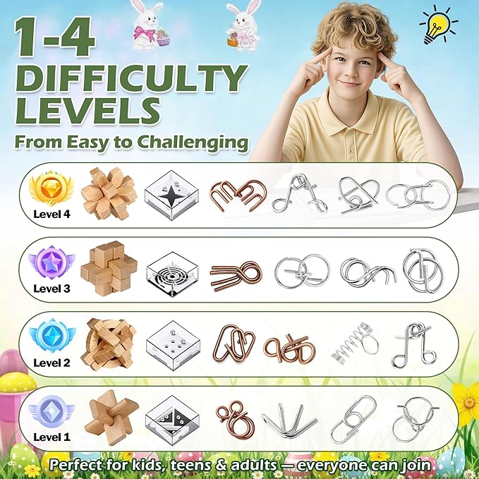 24 Pack Brain Teaser Puzzle Set, Metal & Wooden Puzzles with Balance Challenges, IQ Logic Games and Mind Teaser Toys Party Favors Return Gifts for Kids Teens and Adults
