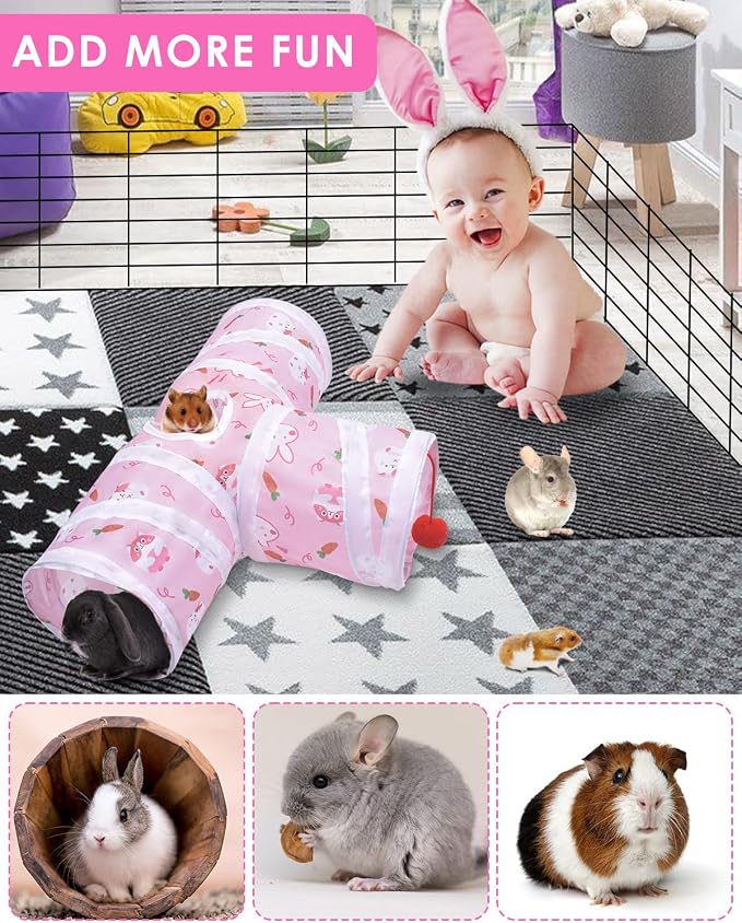 Ferret Guinea Pig Tunnel Collapsible Bunny Tube with 1 Play Ball 3 Ways Pet Rabbit Tunnels Hideout for Indoor Kitten Chinchilla Hamster Rat Small Pet Activity Fun Toys (Pink)