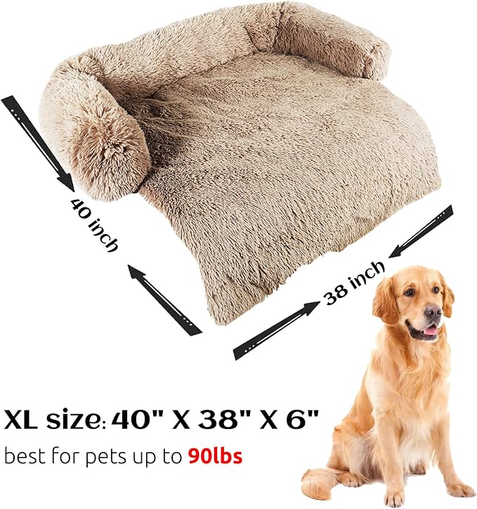 HACHIKITTY Calming Pet Sofa Bed Mat, Washable Fluffy Couch Cover for Dogs and Cats, Anti-Slip Bottom (40"x 38"x 6", Camel)