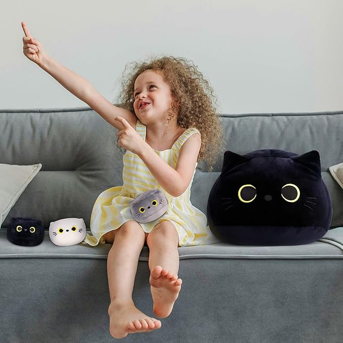 WeBingo Black Cat Plush Toy 4-Piece Set, 16'' Giant Cat Stuffed Animal Plushies Pillow with 3 Babies for Girl Boy Kid Adult, Large Big Soft Gift for Birthday Christmas Valentine's Day Home Decor