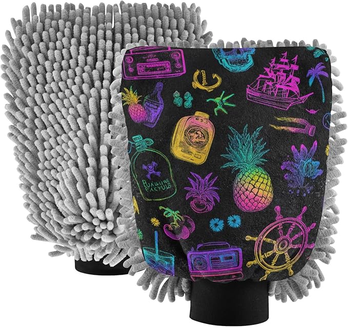 Car Wash Mitt Microfiber Wash Mitts for Car Washing Scratch-Free Cleaning Gloves Soft Non Absorbent Chenille Auto Hand Mitt Medium 2Pack Neon Ships Pineapple Skull Black