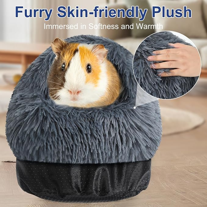 Soothing Guinea Pig Hideout, Doughnut Guinea Pig Bed with Hooded Cover, Washable Hamster Rabbit Bunny Bed, Washable Round Cave Beds for Small Animal Bunny Rabbit Hideout (Black)