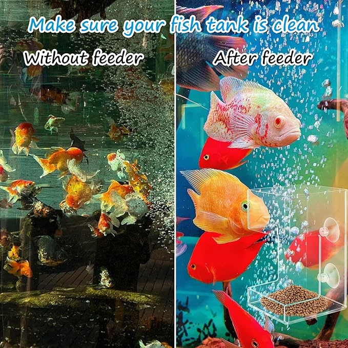 No Mess Aquarium Feeder Fish Tank Dish Tray Acrylic Clear Fishs Tank Feeder with Suction Cup, Round and Square Fishs Food Container Holder Dispenser 2.36x3.93 in for Turtle Shrimp Betta Feeding