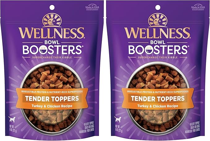 Wellness Tender Toppers (Previously Core Bowl Boosters), Grain-Free Natural Dog Food Toppers or Mixers, Made with Real Meat (Turkey & Chicken, 8 oz Bag) (Pack of 2)