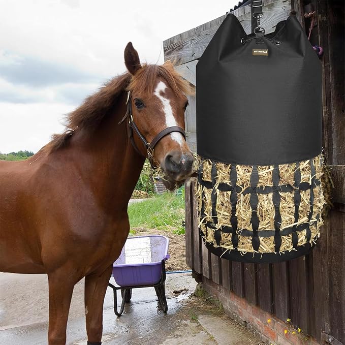 Hay Bags for Horses, Cylindrical Slow Feed Hay Bag with Rounded Diamond Nets Design for Goats,Horse,Donkey,Large Easy-Fill Top with Drawstring and Adjustable Strap