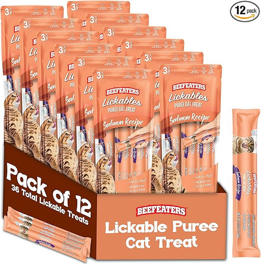 Beefeaters Salmon Pure Cat Treats 1.59oz (12 Pack) | Lickable Squeeze Tube Treats, Grain-Free, No Added Sugar, Real Salmon, Taurine-Enriched, Ideal for Bonding, Seniors, Toppers & Everyday Treating