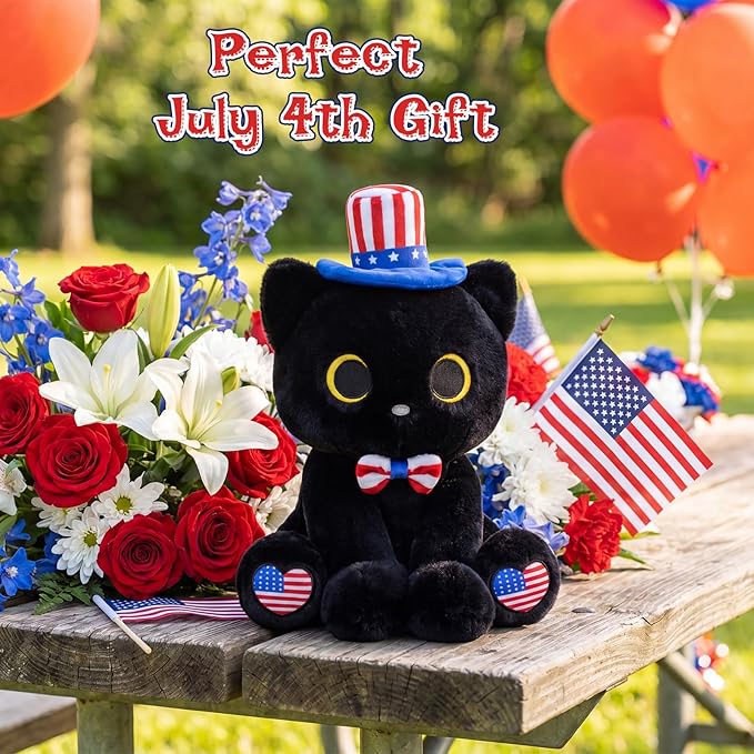Black Cat Plush with USA Hat & Bow Tie - 8" Cute Stuffed Animal for 4th of July, Memorial Day Decorations & Kawaii Plushie Gifts for Kids Adults