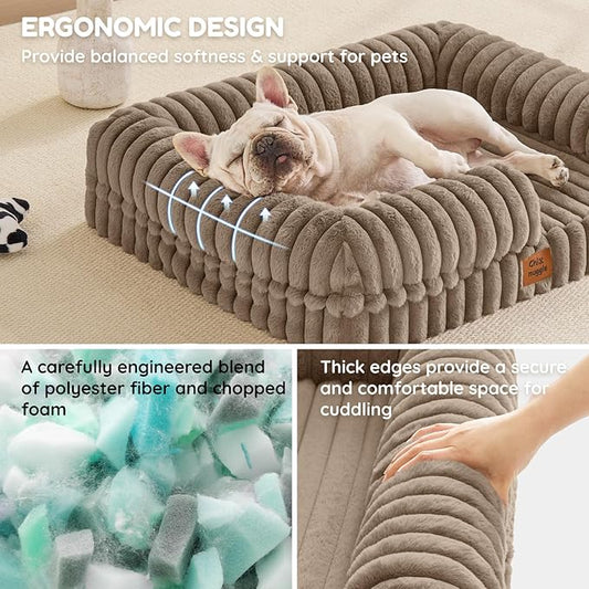 ChiXnuggle Orthopedic Dog Bed with Bolster Sides for Sleeping, Fluffy Plush Rectangular Dog Bed Medium Sized Dog, Luxury Striped Faux Fur Waterproof Dog Couch with Removable Washable Cover, Taupe