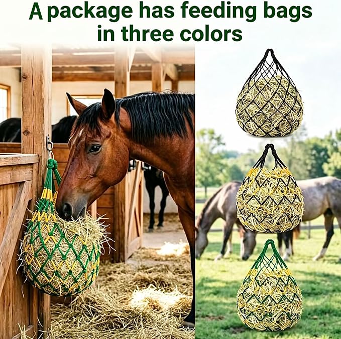 3 PCS Hay Bags for Horses with Carabiners - Heavy Duty Slow Feeder Hay Nets, 2.3-Inch Hole for Horses & Goats, Reduces Waste, Stall Trailer Pasture