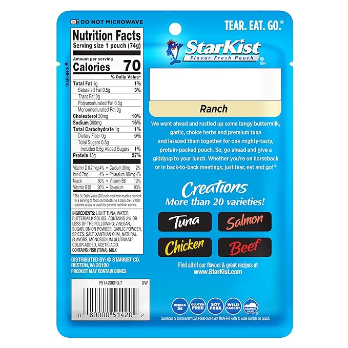 StarKist Tuna Creations Ranch Pouch (2.6 oz - 24 Pack) Wild Caught, High Protein Shelf Stable Seafood, Gluten Free, Soy Free, No Draining, Ready to Eat for Salads and Sandwiches