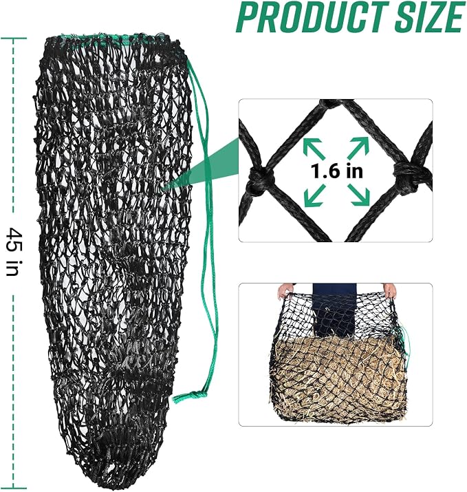 Square Bale Hay Nets for Horses, Premium PE Slow Feed Net with 1.6" Hole, Suitable for 36x18x18 to 45x25x17 Inches Hay Bales, Drawstring Closure for Easy Loading