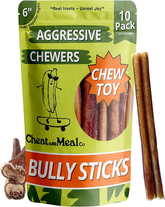 Bully Sticks - Chew Toys for Aggressive Chewers, Standard 6 Inch (10 Count), 100% Grass-Fed, Single Ingredient, Long Lasting, Rawhide-Free, Free Range