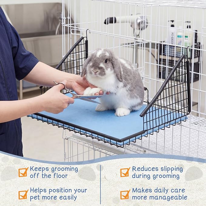 AceOrbit 18 x 12 x 8 Inch Foldable Hanging Rabbit Grooming Table with Non Slip Blue Felt Mat Hooks Handle Small Animal Grooming Kit for Bunny Guinea Pig Chinchilla Ferret Hedgehog Gerbil Cat Supplies