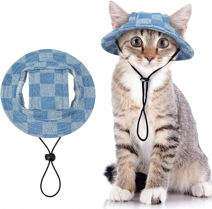 QBLEEV Cat Hats for Cats Only, Sphynx Hat with Ear Hole, Summer Cowboy Hats | Breathable kitten headwear mini sun sombrero caps, pet chihuahua sunscreen baseball outdoor climbing cap for birthday party