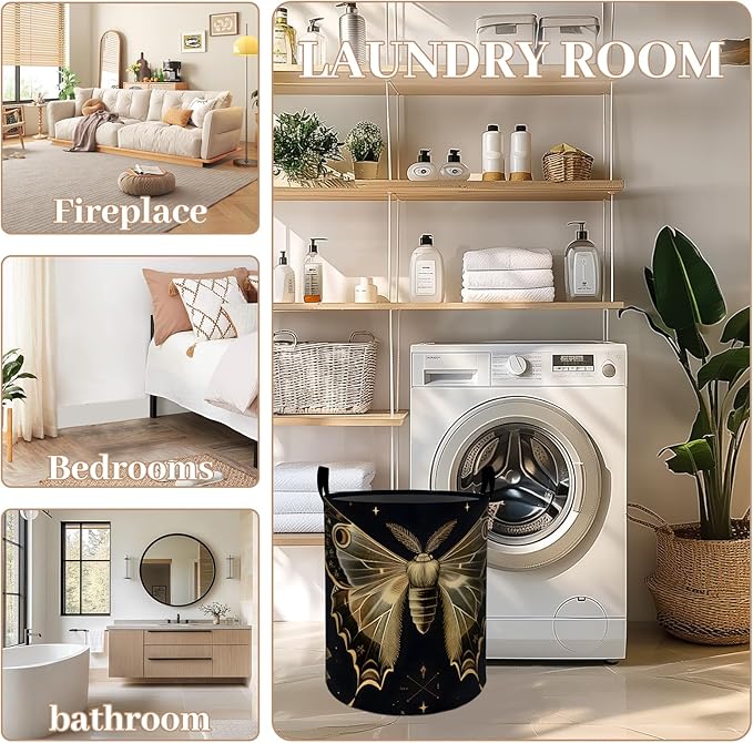 Butterfly and Rose Floral Laundry Basket, Oxford Cloth Vintage Dirty Clothes Collapsible Hamper for Room Decor, Flower Insect Print Gifts Toy Organizer 19.7*15.8 Inch for Bedroom Bathroom Dorm