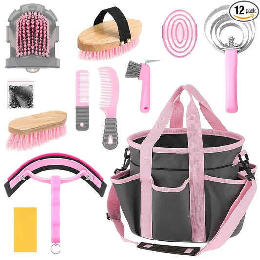 Abbylike 12 Piece Horse Grooming Kit with Organizer Tote Bag Brush Sets for Derby Day Show Horses Professional Tools for Care & Massage(Grey and Pink)