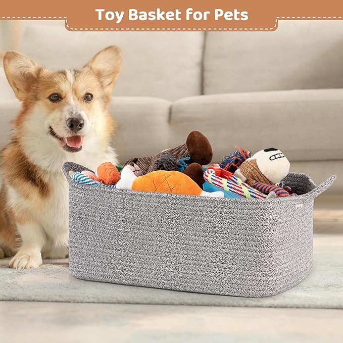 OIASKET Large Empty Gift Baskets for Baby Shower, 16.5" L x 12.6" W x 7" H Cute Woven Storage Basket with Gift Bags and Ribbons, Small Rope Toy Basket with Handles, Cat Dog Pet Toy Organizer - Grey