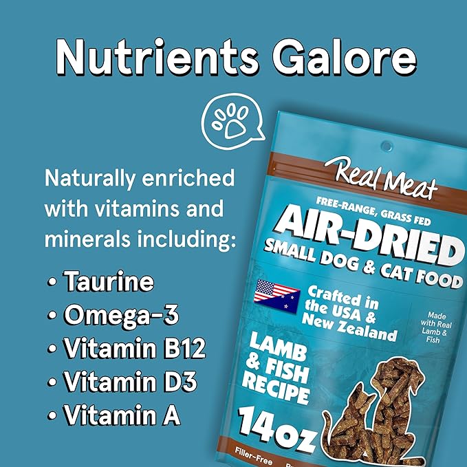 Real Meat Air Dried Cat Food & Dog Food w/ Real Lamb & Fish - 3.5lbs of USA-Crafted Grain-Free Dry Dog & Cat Food Sourced from Free-Range Lamb & Ocean-Caught Fish - All Natural, High Protein Pet Food