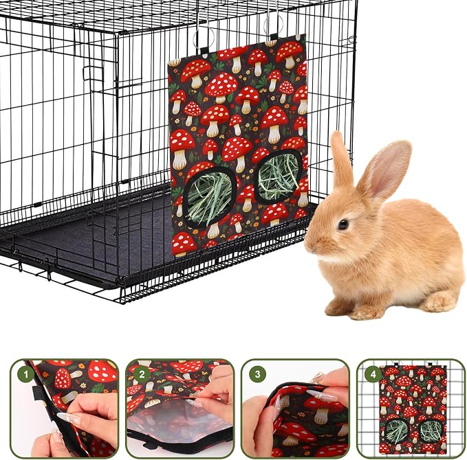 JarThenaAMCS 2Pcs Rabbit Hay Feeder Bag with 2 Holes Black Beige Mushroom Guinea Pig Hanging Hay Feeding Bag Storage Dispenser for Chinchilla Hamster Bunny Small Animal Pet