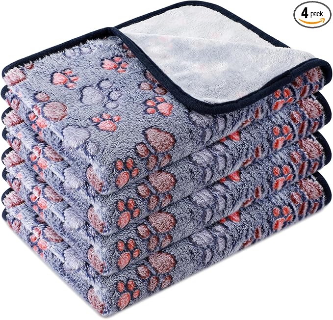 Tatuo 4 Pack Fleece Dog Blankets for Puppy Cats Multi-Size Sleep Mat for Pet Guinea Pig Soft Washable Warm Crate Bed Puppy Teething Toys Print Pattern Blanket Indoor(Blue,24 x 16 Inch,Paw)