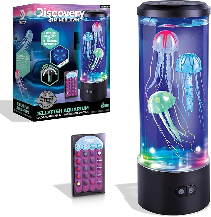Discovery™ Jellyfish Aquarium Lamp – Color‑Morphing LED Bedroom Night Light with Remote| 15 Light Options| Lifelike Floating Jellyfish| Educational Learning Gift| Ages 8+