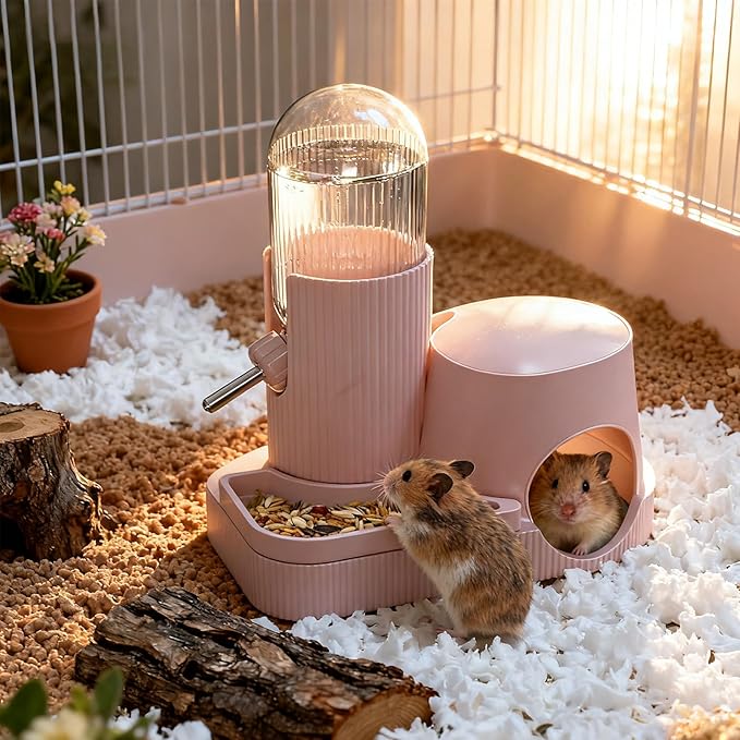 3 in 1 Hamster Water Bottle No Drip Automatic Water Dispenser with Food Bowl Container & Hideout Base Hut for Dwarf Hamster Mouse Rat Gerbils Mice Cage Accessories (Pink)