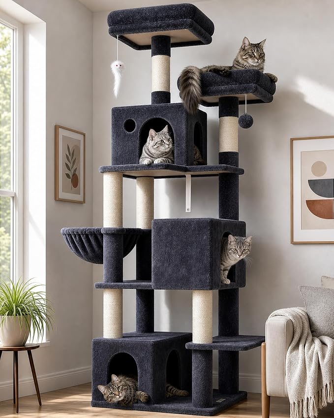 Globlazer Cat Tree Tall, 71 inches Cat Tower for Indoor Adult Cats Multi-Level 3 Condos for Indoor Cats XL Cat Tree Tower with Scratching Posts, Soft Extra Large Hanging Basket, F71, Dark Gray