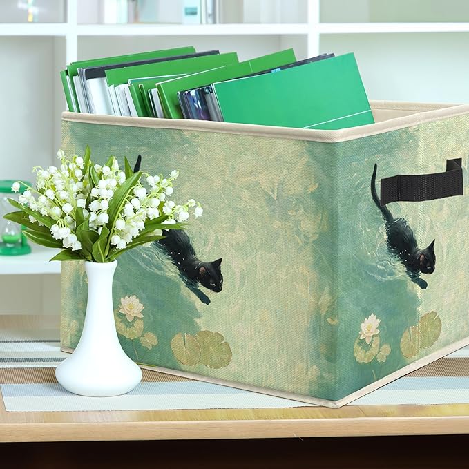 Black Cat Swimming in Pond Storage Bin Box, Cat Lover Mom Lady Grandma Gifts Collapsible Storage Basket Organizer for Bedroom Bathroom Home Clothes Toys Books, Toybox for Girls
