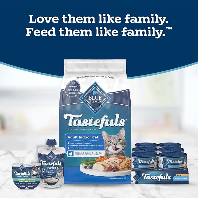 Blue Buffalo Tastefuls Purées Variety Pack Wet Cat Food Complement (Chicken & Tuna) Made with Natural Ingredients, for All Life Stages, 3-oz. Resealable Pouches (12 Count)