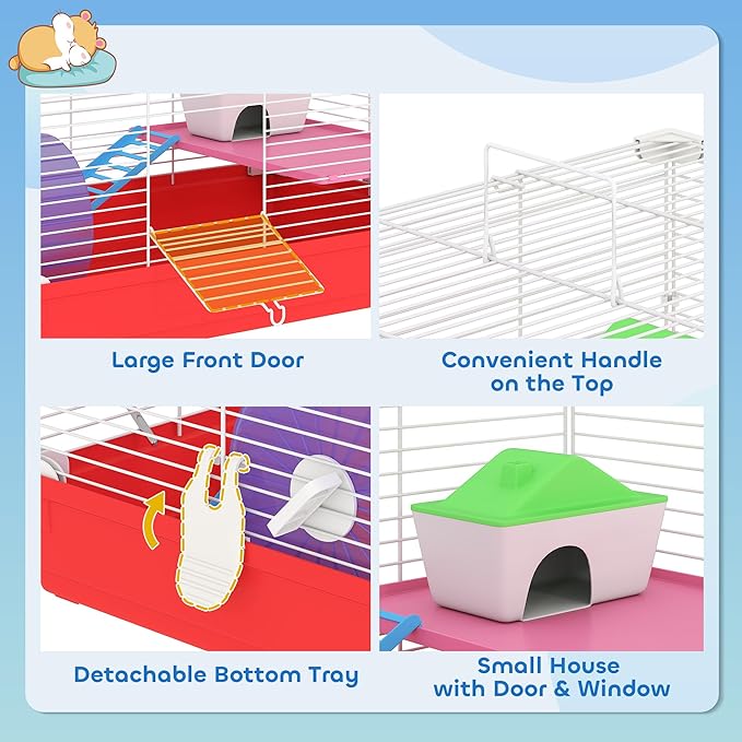 PawHut 18.5" Hamster Cage with Exercise Wheel and Water Bottle, Dish, Rat House and Habitat 2-Story Design, Red