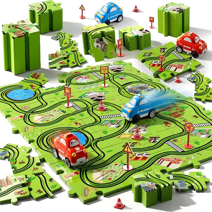 Beby Buty 48PCS Puzzle Race Track Car Set for Toddlers Kids Boys, Toddler Toys Birthday Gifts for 3 4 5 6 Years Old Boys and Girls, Floor Puzzle Tracks Car Toys for Ages 3-5 4-6
