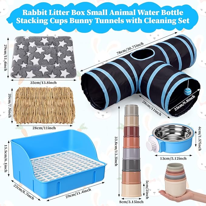 34 Pcs Rabbit Starter Kit Rabbit Litter Box Small Animal Water Bottle Cups Bunny Tunnels Animal Grooming Kit Bowl Blanket with Cleaning Set for Guinea Pig Bunny(Style 2,Dark Blue)