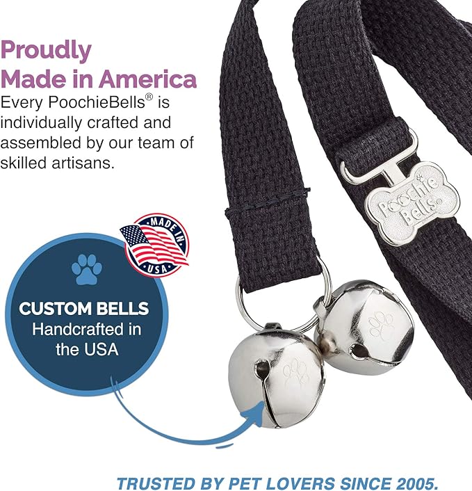 PoochieBells Dog Door Bells for Potty Training, Quick & Easy Puppy Potty Training Method Included, Handcrafted in USA with Loud, Paw-Safe Bells, Durable Cotton Webbing - Black