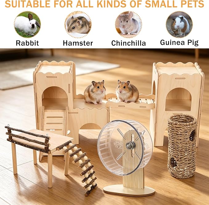 Foxtell 11 Pcs Hamster Cage Accessories, Hamster Toys Set, Hamster Hideout, Hamster Wheel for Rat Mice Small Animals Habitat (Fun Interactive Style)