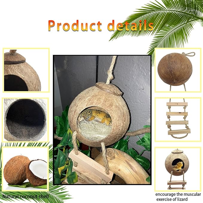 kathson Leopard Gecko Coconut Husk Hut Reptile Habitat Accessories Hideout Hole Climbing Ladder Bendable Hanging Plants Sleeping Hiding Breeding Apply to Amphibians and Small Animals