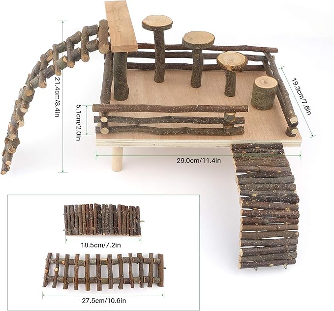 Hamster Climbing Toys - Wooden Activity Set with Large Bridge, Apple Wood Chewing Toys for Small Pets