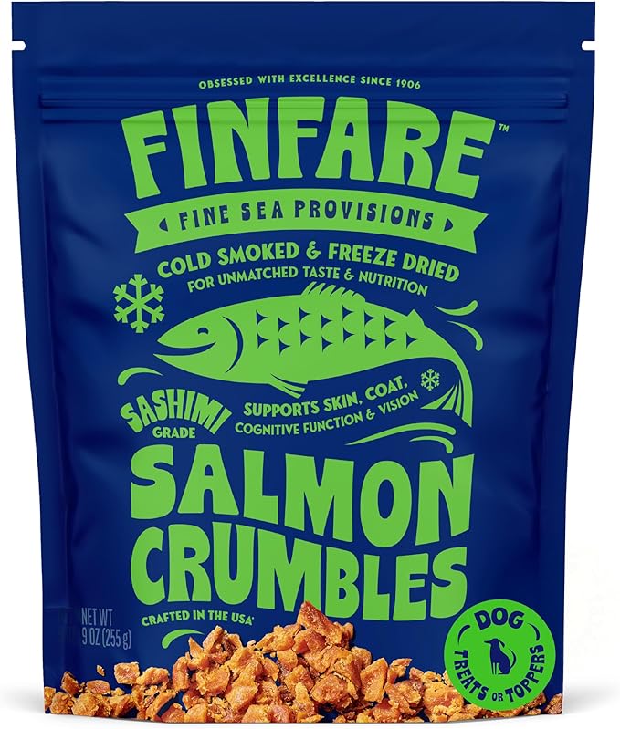 Finfare Freeze Dried Dog Food Toppers, Salmon Crumbles, Protein & Omega-3s, Grain Free Salmon Training Treats and Meal Toppers for Dogs, Crafted in USA, 9oz
