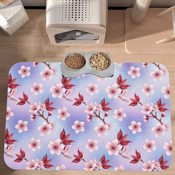 Dog Cat Food Mat Absorbent Placemat for Food and Water Bowl (Watercolor Blossom Japanese Cherry Flower)