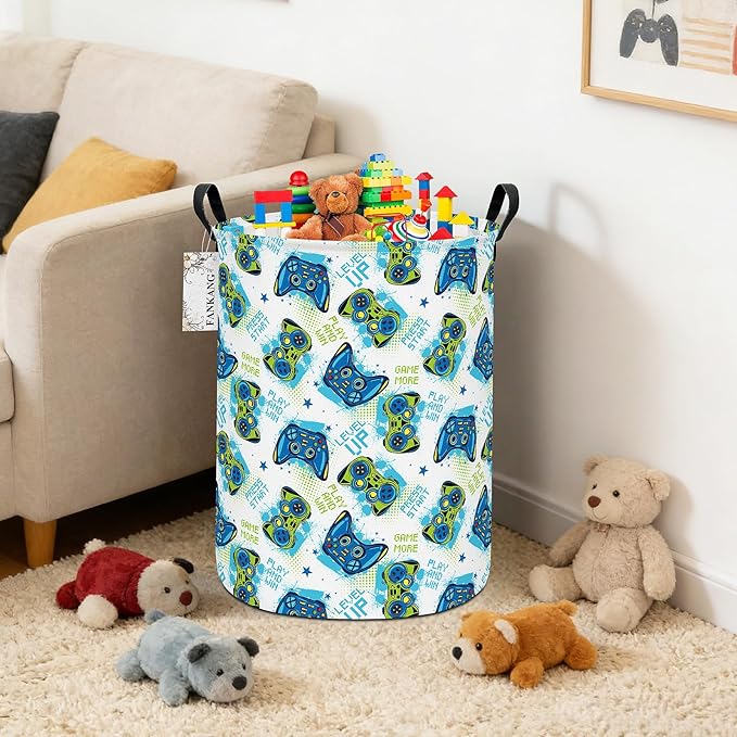 Storage Basket, Nursery Hamper Canvas Laundry Basket Foldable with Waterproof PE Coating Large Storage Baskets for Kids Boys and Girls, Office, Bedroom, Clothes,Toys(Game)