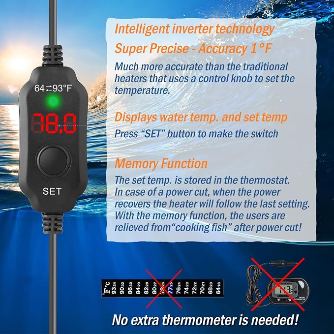 20W Mini Aquarium Heater for 2-4 Gallon Tanks | Submersible Fish Tank Heater with Digital Thermostat, Dry-Run & Overheat Protection, Memory Function