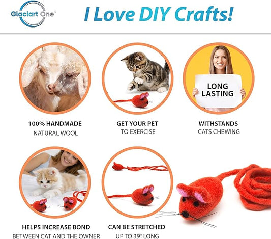 Glaciart One Felt Mouse Cat Toy – Soft Fuzzy Enrichment 100% Natural Wool - Interactive Catnip Play Cat Toy Set - Safe for Pets, Non-AZO Colored Dyes - 42” Long