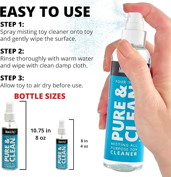 Adam & Eve Sex Toy Cleaner, 4 In 1 Pure And Clean Misting Spray, Fast Acting Misting Spray For Adult Toys, Vibrators, Dildos, Fresh Scent, Water Based Formula Perfect for Gifting, No Residue, 4 oz
