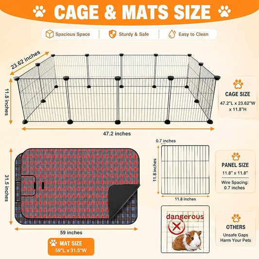 FHTONGE Large Guinea Pig Cage Habitat with 2 Pcs Waterproof Bedding, 8Sq Ft Guinea Pig Playpen with Mat, Metal Small Animal Playpen with Mat for Hamster Hedgehog Dwarf Rabbit (12 x Cage Panels)