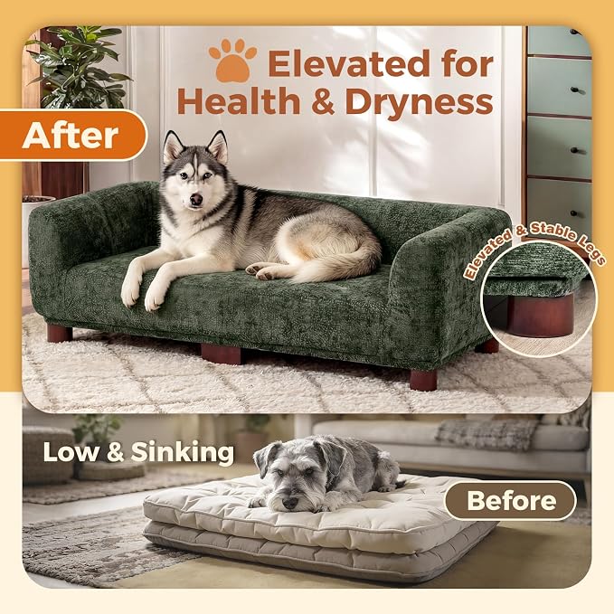 Dog Couch Sofa for Large & Extra Large Dogs, Elevated Pet Bed with Legs, Button Tufted Chenille Dog Couch with Backrest and Armrests, Modern Indoor Dog Furniture(Green, XXL - 55" x 28" x 15")